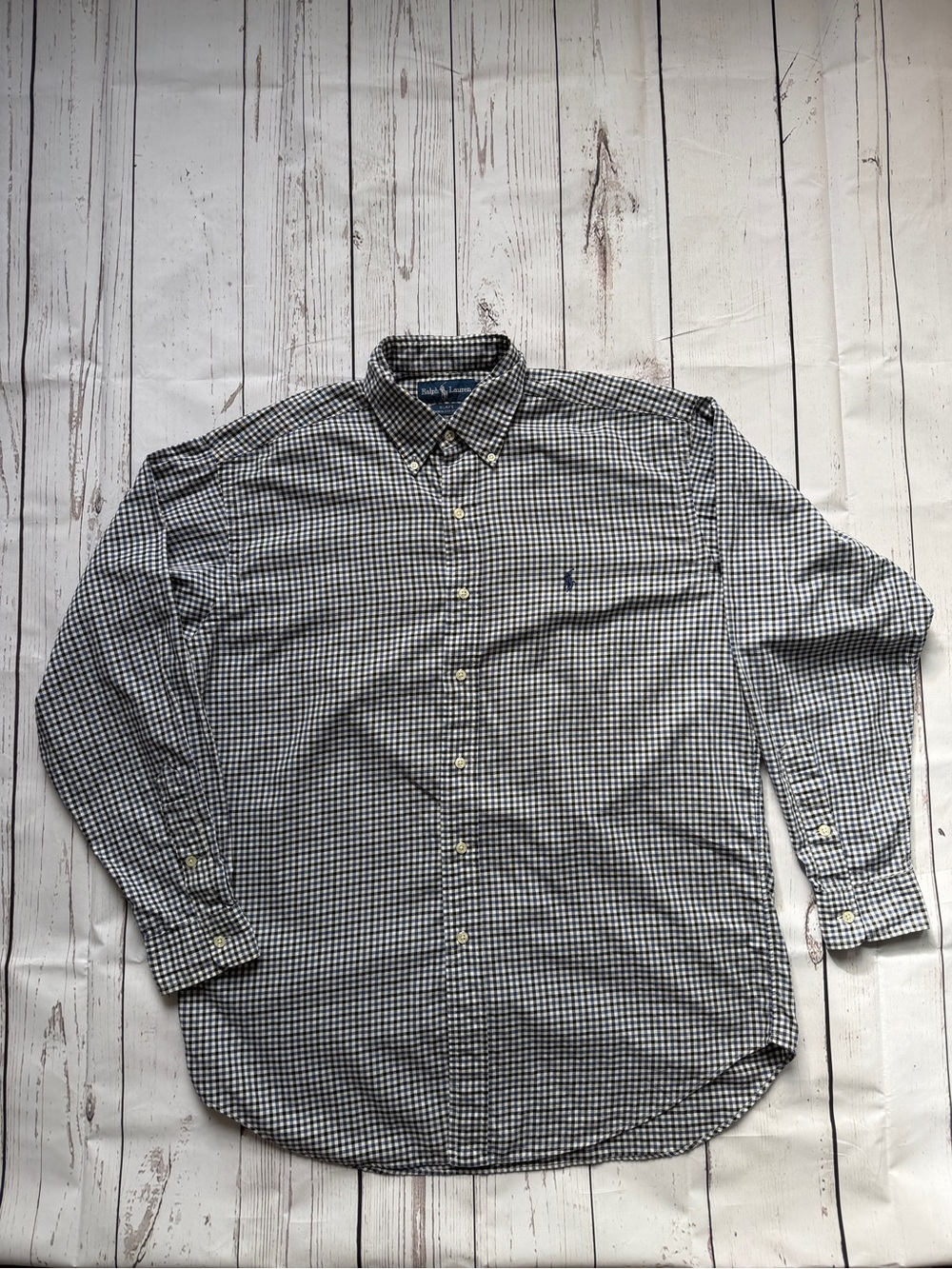 Vintage Ralph Lauren Navy & White Gingham Button-Down Shirt - Classic Polo Pony
